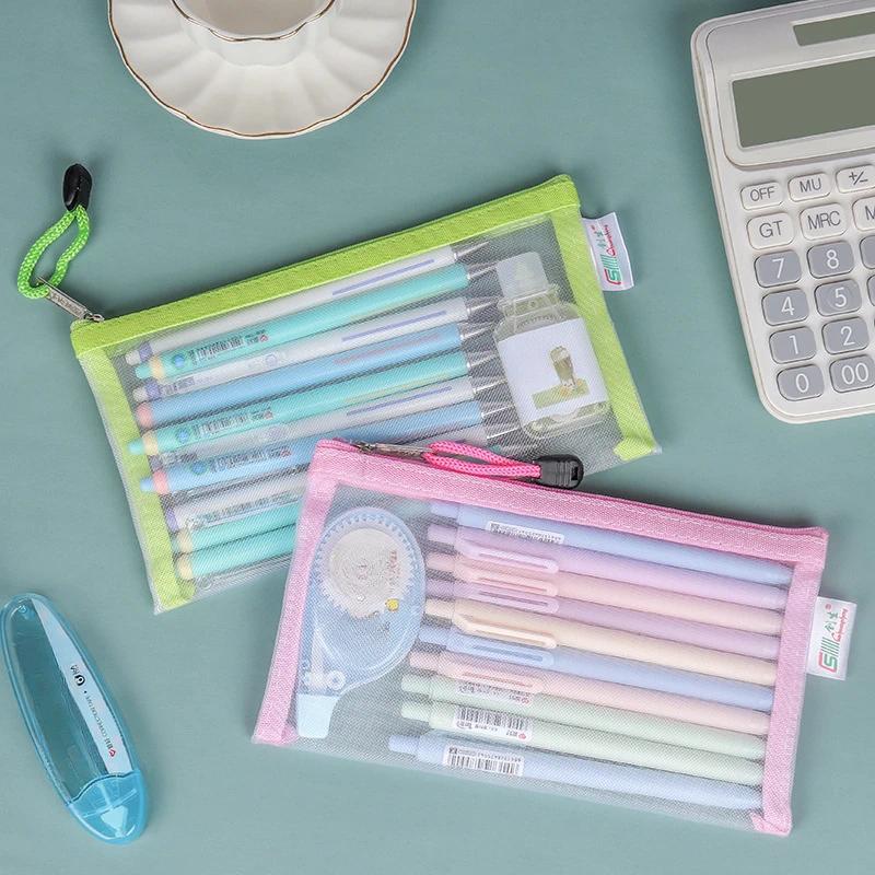 Blue Transparent Mesh Pencil Case for Exams and Office Use