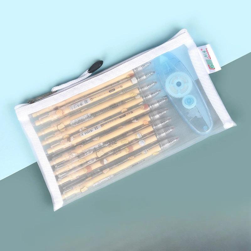 Blue Transparent Mesh Pencil Case for Exams and Office Use