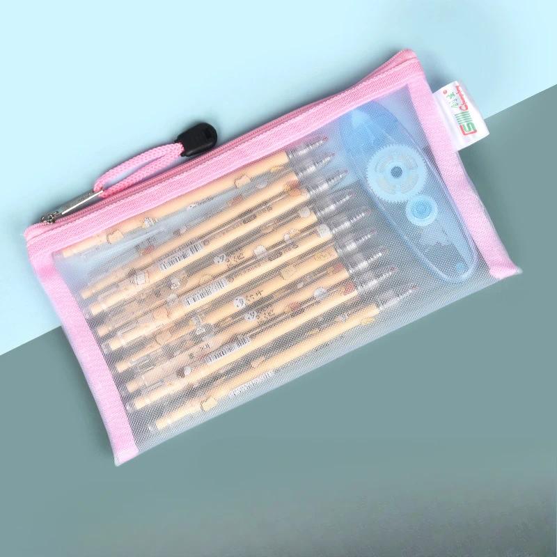 Blue Transparent Mesh Pencil Case for Exams and Office Use